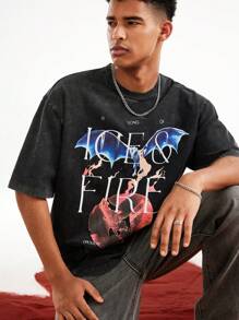 Game of Thrones X SHEIN Men's Casual Letter & Dragon Print Short Sleeve T-Shirt, Summer