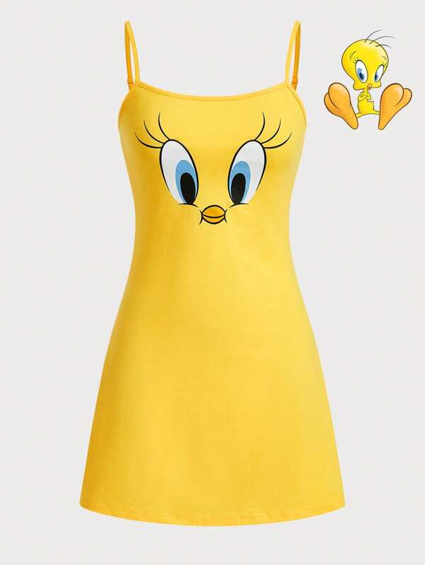 LOONEY TUNES X SHEIN Women's Yellow Cute Tweety Cartoon Graphic Cami Sleep Dress, Summer