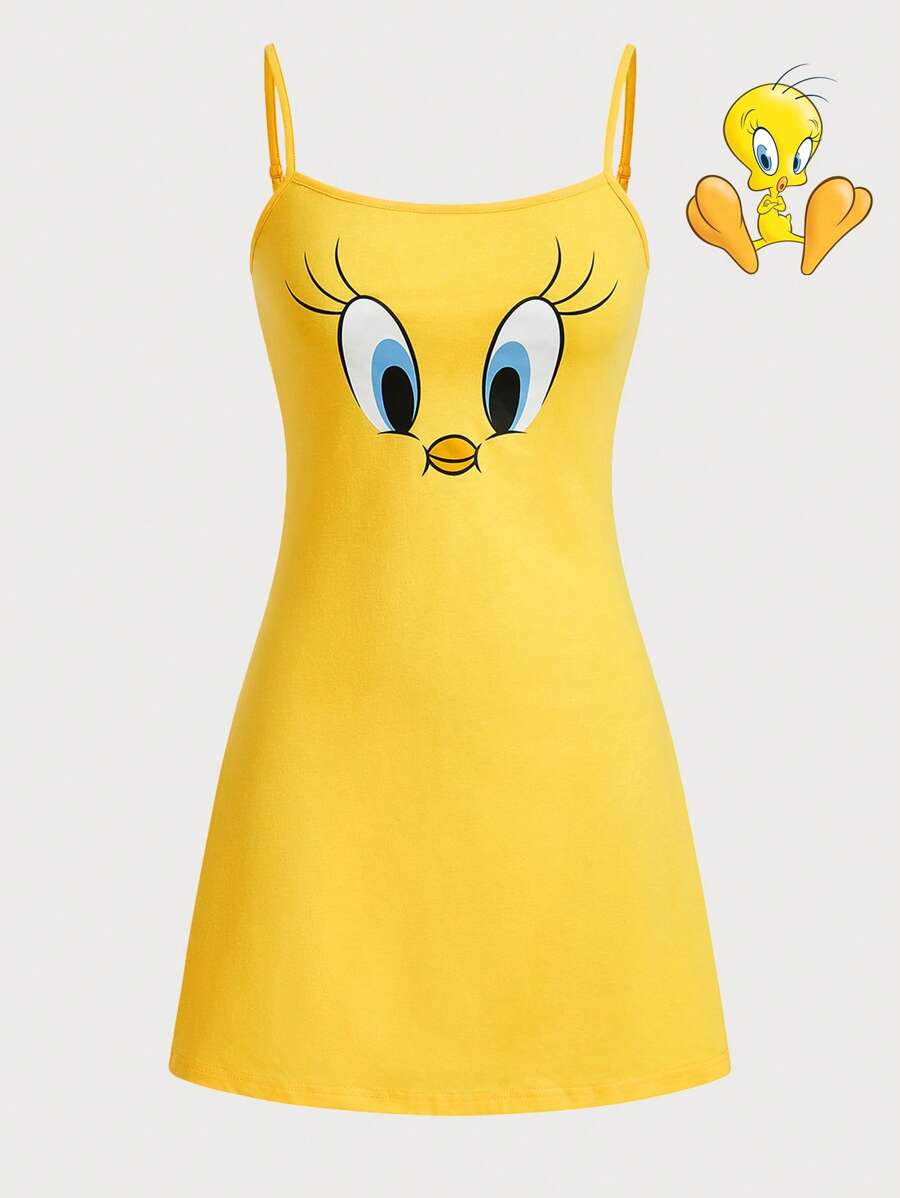 LOONEY TUNES X SHEIN Women's Yellow Cute Tweety Cartoon Graphic Cami Sleep Dress, Summer - Yellow - View 1