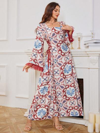 Al Najma 女式方领网眼拼接褶皱袖系腰阿拉伯风格连衣裙，优雅朴素的 A 字型卡夫坦 Jalabiya 阿拉伯连衣裙，适合晚会/婚礼嘉宾/周年纪念