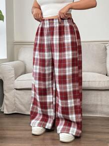 SHEIN EZwear 大码女式格子裤，黑白格子松紧腰口袋阔腿休闲宽松裤，女士冬装 - 紅色 - 查看 1