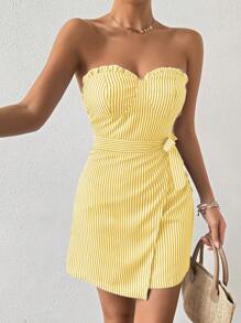Chiquease 系带抹胸条纹蕾丝下摆迷你连衣裙 - 黃色 - 查看 6