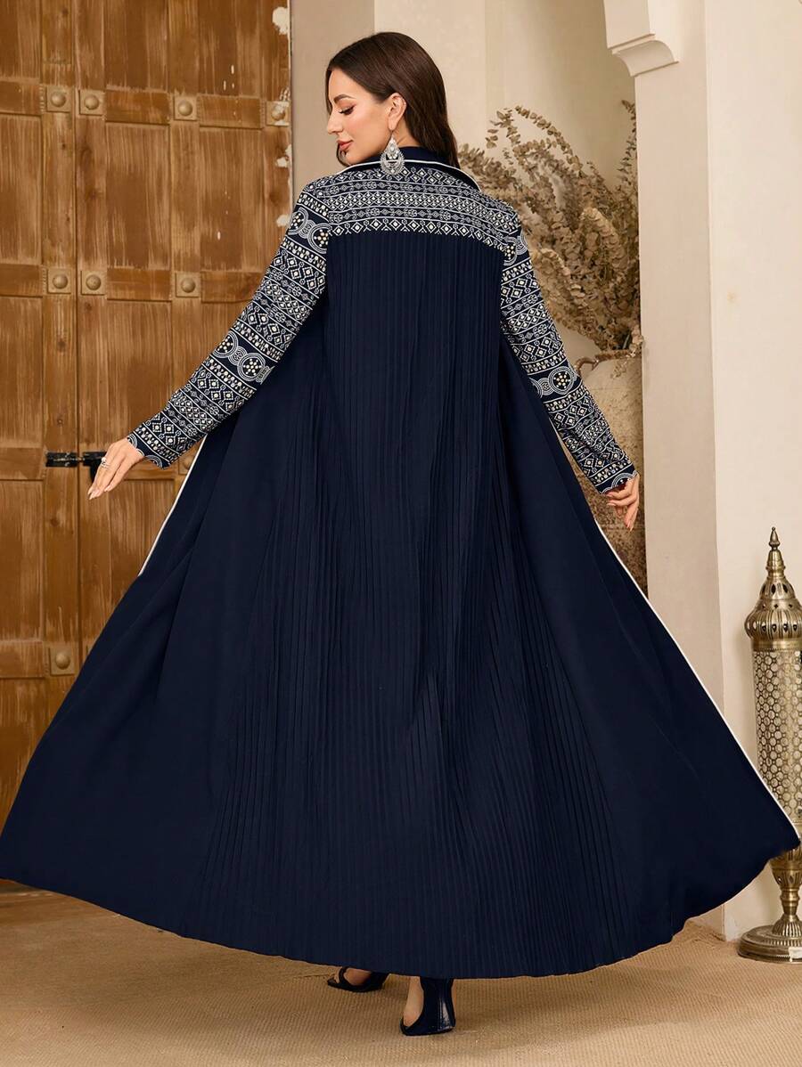 Al Najma Women's Pattern Pleated Splice Conservative Elegant Arabic Abaya, Modest Robe