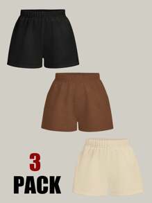 Comfortcana Plus Size 3pcs Solid Color Simple Fashionable Shorts Set, Suitable For Summer - Multicolor - View 3