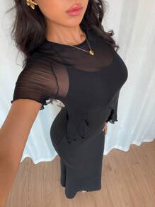 Elenzga 女士时尚休闲性感两件套，透明网眼短袖上衣和无袖紧身吊带裙，弹力针织材质上衣，侧抽绳褶饰不对称下摆，黑色 - 黑色 - 查看 5