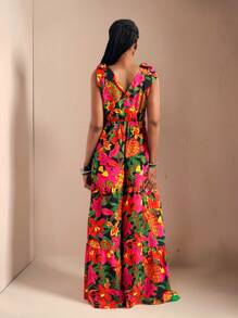 Zivah Mono sin mangas con estampado floral y detalle anudado en los hombros, estilo de vacaciones para mujer