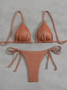Swim Vcay Damen Bikini-Set mit Metallgewebe, einfarbig, Spaghettiträger, Schmuckverzierung, für Sommer Strandurlaub