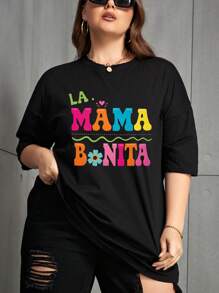 INAWLY Plus Size Women Letter Graphic Print Short Sleeve Round Neck T-Shirt