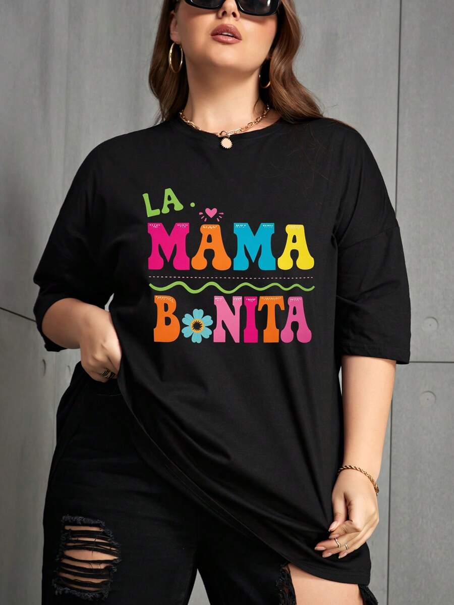 INAWLY Plus Size Women Letter Graphic Print Short Sleeve Round Neck T-Shirt