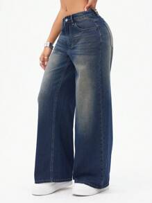 SHEIN ICON Jeans de pierna ancha y lavado vintage para mujer