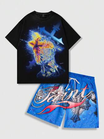 Street Life 2pcs/Set Men's Printed Round Neck Short Sleeve T-Shirt & Shorts Set, Suitable For Daily Wear In Spring/Summer