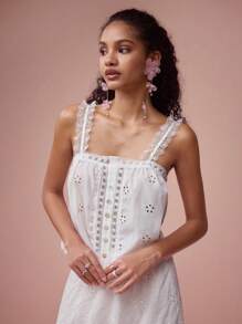 Enchnt Parte superior de tiras/camiseta sin mangas de mujer romántica de primavera/verano con encaje, parches y bordados, dulce y elegante para el Día de San Valentín, vacaciones, citas, uso diario y estilo bohemio - Blanco - Ver 4