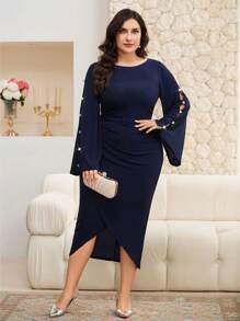 Modelyn Plus Size Solid Color Long Sleeve Dress, Simple & Fashionable, Suitable For Summer - Navy Blue - View 5