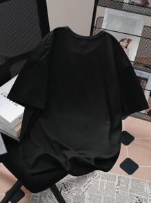 SHEIN Áo thun tay ngắn cổ tròn in hình thỏ hoạt hình dễ thương, phong cách giản dị cho bé trai tuổi mới lớn, phù hợp cho mùa hè - màu đen - Xem 2