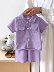 SHEIN Genkimix Kids 2pcs/Set Baby Boy/Girl Purple Collar Short Sleeve Shirt And Shorts Textured Fabric Outfit, Suitable For Baby To Wear In Summer For Playing, Vacation, Picnic, Easy To Put On And Take Off Toddler Summer Clothes Toddler Summer Boy Clothes