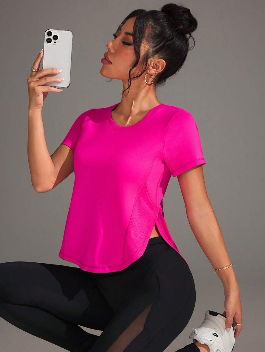 Easithlete Sports-Chic Contrast Mesh Splice Short Sleeve Vibrant T-Shirt - Hot Pink - View 1