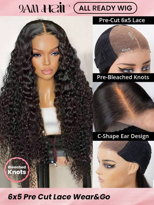 ALL READY WIG Pre Bleached Pre Plucked Pre-Cut Lace Melting Lace Front 6x5 Glueless Deep Wave Closure Wig 100% Human Hair 9AM HAIR