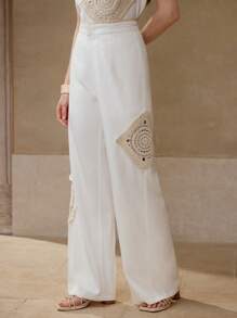 MOTF Pantalones decorativos de crochet de lino - Beis - Ver 3