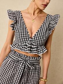 Poéselle Gingham Ruffle Trim Tie Back Top & Paperbag Waist Belted Shorts Set - Black and White - View 3