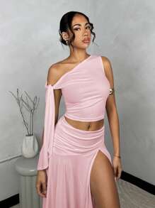 SHEIN BAE 女士纯白色毕业礼服，搭配不对称肩带上衣和不对称高开叉褶皱下摆裙子 - 珊瑚粉 - 查看 5