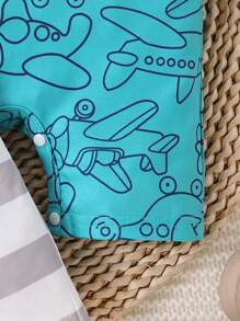 SHEIN 2pcs Set Toddler Boys Casual Cute Cartoon Airplane Vehicle Print Short Sleeve Romper, Suitable For Spring/Summer Outdoor & Daily Wear