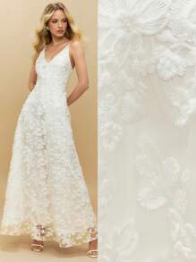 Poéselle Abito a bretelle con ricamo floreale tridimensionale bianco francese, senza schienale, in pizzo, abito lungo a bretelle scollo a V, abito da fata, abito floreale, abito lungo da spiaggia, abito da cerimonia nuziale leggero, abito primaverile, abito da laurea bianco - Bianco - Visualizzare 1