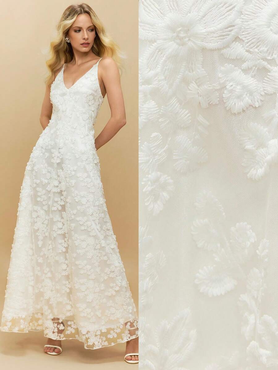 Poéselle Abito a bretelle con ricamo floreale tridimensionale bianco francese, senza schienale, in pizzo, abito lungo a bretelle scollo a V, abito da fata, abito floreale, abito lungo da spiaggia, abito da cerimonia nuziale leggero, abito primaverile, abito da laurea bianco - Bianco - Visualizzare 1