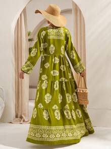 RueChic BOHO Feeling - Bohemian-Inspired Green Maxi Dress – A Chic And Breezy Statement Piece Featuring An Intricately Designed White Placement Print With Floral And Geometric Motifs, Strategically Placed For A Unique And Artisanal Look. Designed With A Button-Front Detail, Flowing Silhouette, And Lightweight Fabric, This Effortless Dress Is Perfect For Beach Vacations, Resort Wear, Or Casual Summer Days Women S Long Dresses Women S Green Dress Bohemian Dresses For Women Boho Dresses For Women - Multicolor - View 2