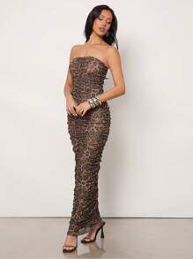 NYA SZN Dresses Spring Sexy Animal Print Ruched Maxi Dress Summer Festivals Mesh Leopard Cheetah Club Special Occasion Formal Sundress Vacation Statement Valentines Day Carnival Outfits For Women - Multicolor - View 4