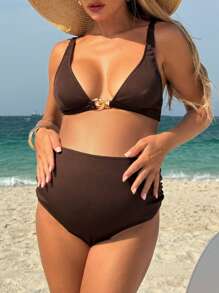SHEIN Maternity Beach Vacation Elegant Ribbed Wireless Bikini Set For Summer - Brown - View 5