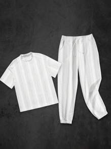 Manfinity Homme Men's Casual Vacation Daily Versatile INS White Geometric Texture Jacquard Button Door-Style Short Sleeve T-Shirt And Pants Set ,Men Two Pieces Outfits ,White Outfit Men . Men's T-Shirt Set Is Simple And Elegant, Using Pure White Color And Exquisite Vertical Stripes Texture Design. It Not Only Highlights The Sense Of Fashion, But Also Combines Leisure And Comfort, Suitable For Casual Occasions.Sports-Style Textured Pattern Casual T-Shirt Set For Men