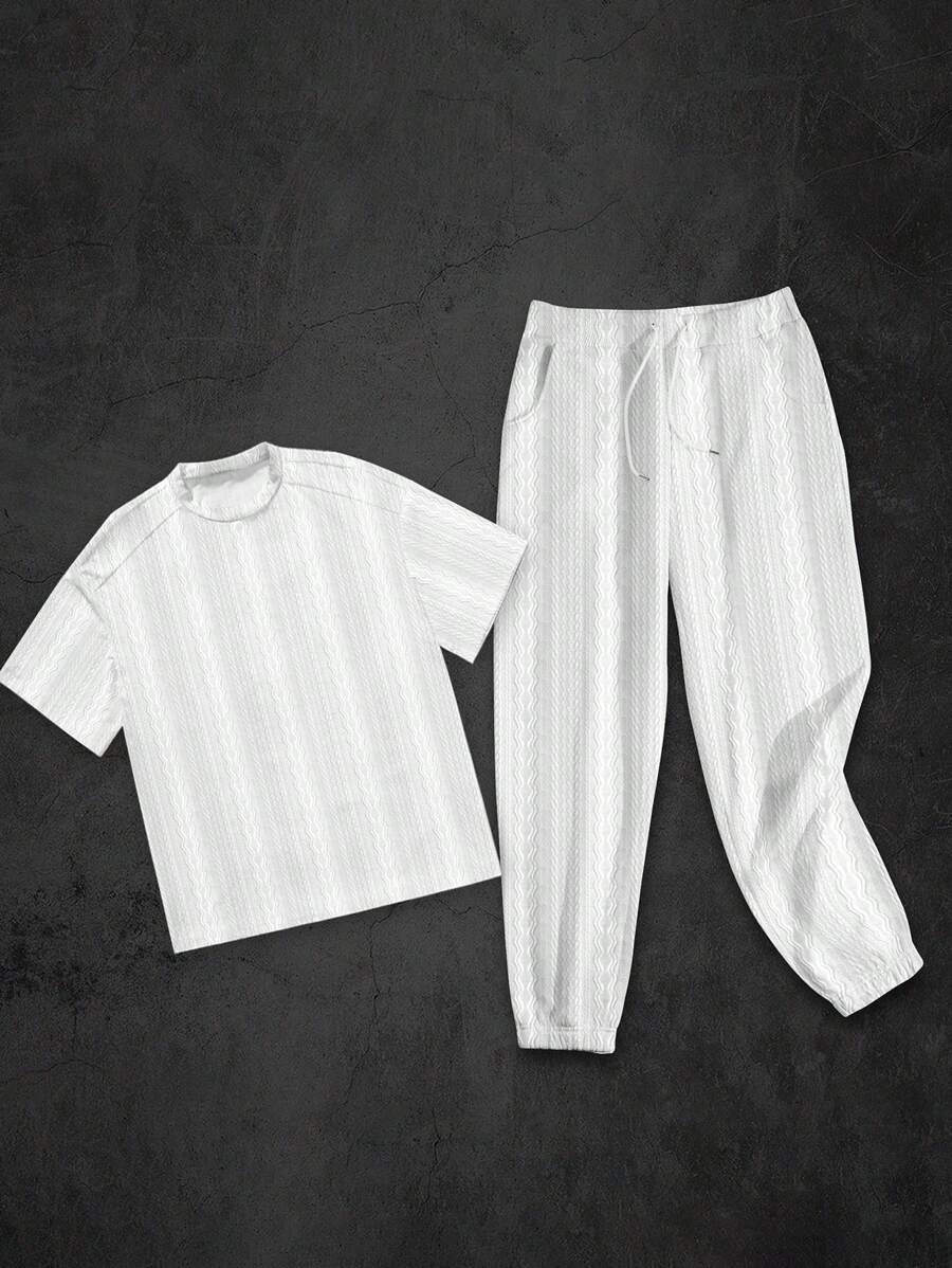 Manfinity Homme Men's Casual Vacation Daily Versatile INS White Geometric Texture Jacquard Button Door-Style Short Sleeve T-Shirt And Pants Set ,Men Two Pieces Outfits ,White Outfit Men . Men's T-Shirt Set Is Simple And Elegant, Using Pure White Color And Exquisite Vertical Stripes Texture Design. It Not Only Highlights The Sense Of Fashion, But Also Combines Leisure And Comfort, Suitable For Casual Occasions.Sports-Style Textured Pattern Casual T-Shirt Set For Men