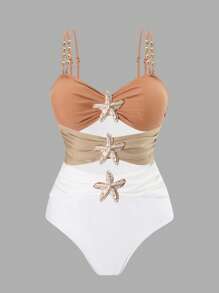 SHEIN 2025 新款纯色拼接海星休闲连体泳衣女士沙滩装夏季度假 - 彩色 - 查看 7