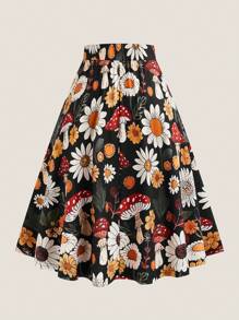 SHEIN LUNE Plus Size Women's Easter Floral Print High Waist Vacation Skirt Fall - Multicolor - View 2