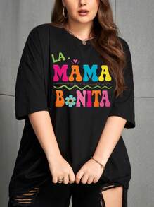 INAWLY Plus Size Women Letter Graphic Print Short Sleeve Round Neck T-Shirt