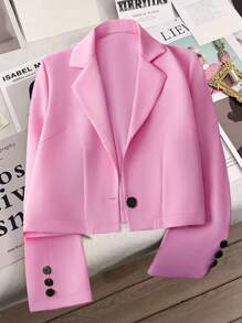 Flirla Plus Size Women's Elegant French Solid Color Lapel Raglan Sleeve Short Blazer Jacket Graduation,Back To School,Teacher Outfits For Women