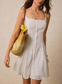 Poéselle Vestido mini estilo línea-A con botones encantadores en color blanco - Perfecto para días soleados y salidas casuales, vestidos de línea-A para mujeres, vestidos de verano para mujeres, vestidos blancos, vestidos para playa de mujeres, vestidos casuales de día, vestidos ligeros de día, vestidos mini con top de tirantes, vestido de verano, vestidos de verano para mujeres, vestido de graduación blanco