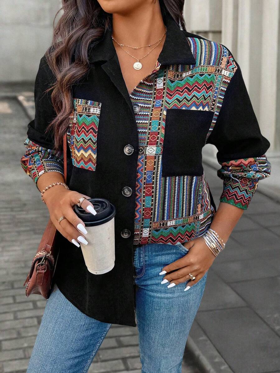 SHEIN LUNE Plus Size Vacation Casual Jacquard Panel Jacket