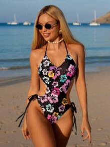 Swim Mod 1 件女式性感连体泳衣，黑色底色随机芙蓉花卉印花，腰部和背部系带设计