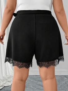 Ellevyn Curvy Plus Size Women's Black Simple Solid Color Casual Shorts With Lace Decoration For Summer,Shorts,Shorts For Women,Summer Shorts,High Waisted Shorts,High Waisted Shorts,Summer Outfits For Women,Vacation Outfits Woman,Summer Clothes,Business Casual Woman,Going Out ,Office Outfits For Women,Work Clothes Women,Old Money Style Women,Going Out Outfits - Black - View 7