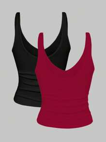 INAWLY 2 件套女士修身短款豹纹印花和纯色 V 领吊带背心套装，夏季 - 彩色 - 查看 2