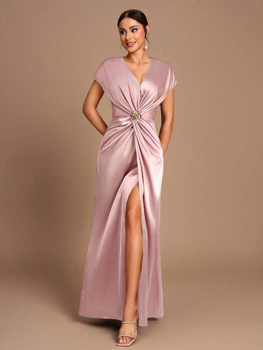 SHEIN Belle Váy phù dâu xẻ tà chữ A tay ngắn xếp nếp màu cà phê lãng mạn thanh lịch - Hồng - Xem 1