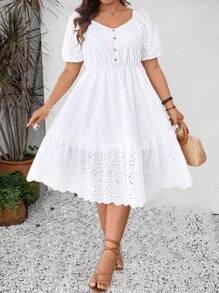 EMERY ROSE Plus Size Textured Embroidered Spring Dress, White Casual Dress - White - View 6