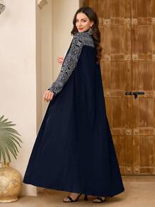 Al Najma Women's Pattern Pleated Splice Conservative Elegant Arabic Abaya, Modest Robe