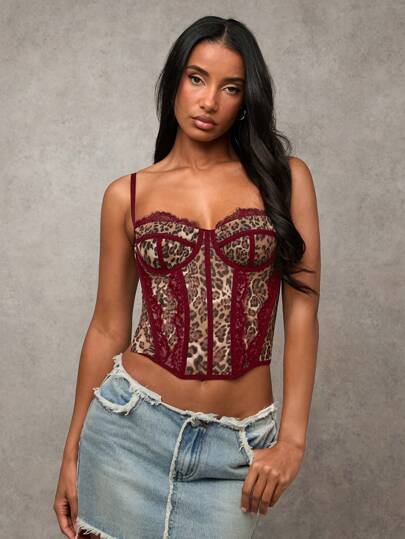 SHEIN BAE Women's Leopard Print Lace Patchwork Sexy Camisole Top, Versatile For Going Out, Date Night, Theme Parties, Raves, Corset Top, Concert , Rave Top,Valentine's Day,Valentine Outfits For Women