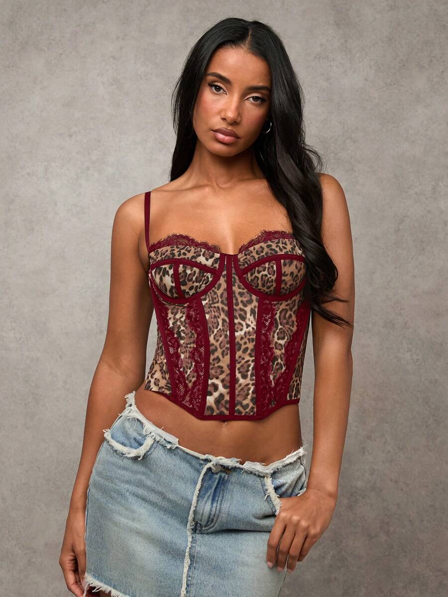 SHEIN BAE Áo hai dây họa tiết da báo, phối ren, chắp vá gợi cảm dành cho nữ, đa năng khi đi chơi, đêm hẹn hò, tiệc theo chủ đề, tiệc tùng, áo corset, hòa nhạc, tiệc tùng - Màu Đỏ Sâu - Xem 1