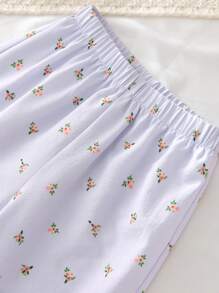 年轻女孩花卉图案翻领纽扣衬衫和裤子套装 - 紫色 - 查看 6