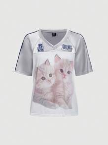 SHEIN MOD Áo phông trắng rộng rãi thoải mái có họa tiết mèo dễ thương dành cho nữ, Áo thể thao phong cách ba lê, Thời trang Blokecore, Áo thun Blokette Jersey dành cho nữ Quần áo Kawaii Áo dễ thương - trắng - Xem 1