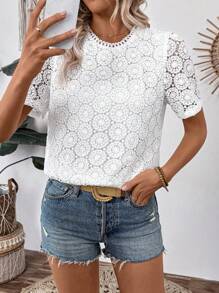 Breezaya Women's Summer Water-Soluble Embroidered Round Neck Short-Sleeved Shirt (Random Pattern Cutting)