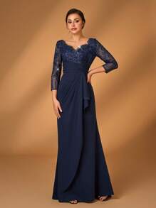 Serin Elegant Luxurious Sheer Long Sleeve Embroidered Sequin Lace Patchwork Elastic Knit Butterfly Frill Ruffle Mermaid Hem Dress, Suitable For Wedding, Party, Vacation, Prom, Bridal Mother Formal Gown - Navy Blue - View 7